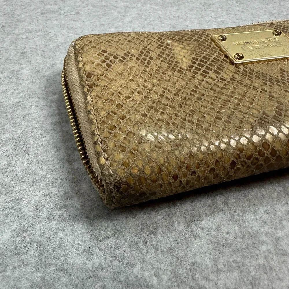 AUC Michael Kors Snake Skin Leather Zip Wallet Gold Tone Hardware Clutch MK